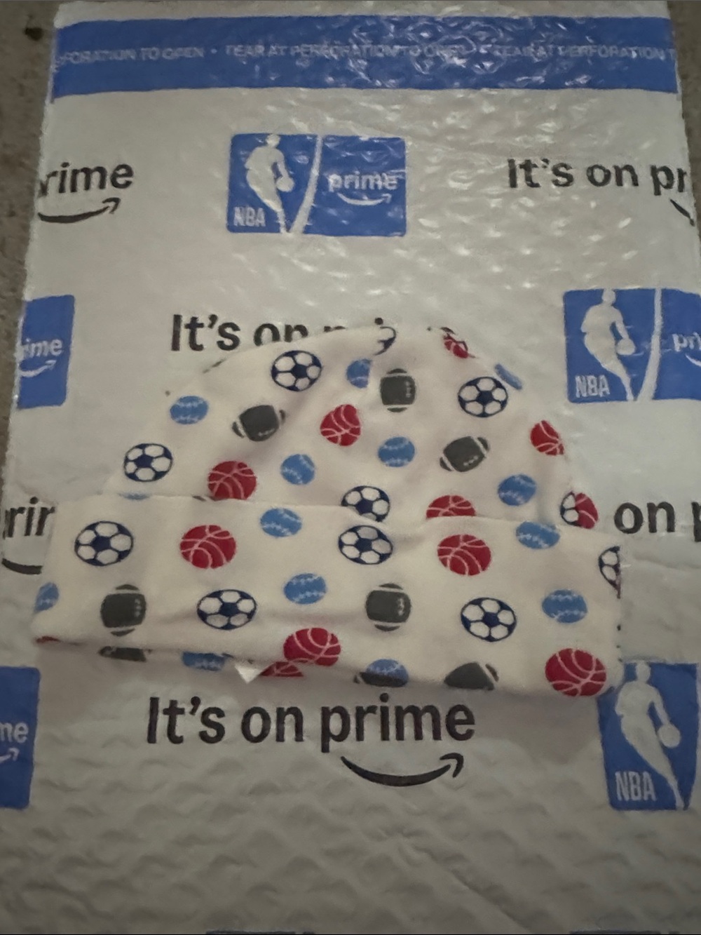 Gerber White Baby Beanie with Red, Blue & Gray Sports Print